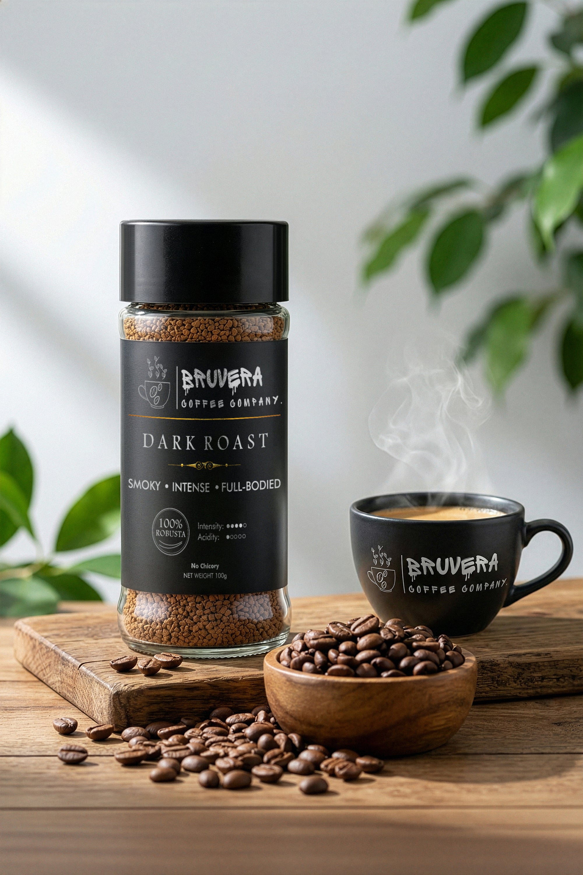 BRUVERA Dark Roast Coffee – 100% Robusta Freeze-Dried Instant(100g)